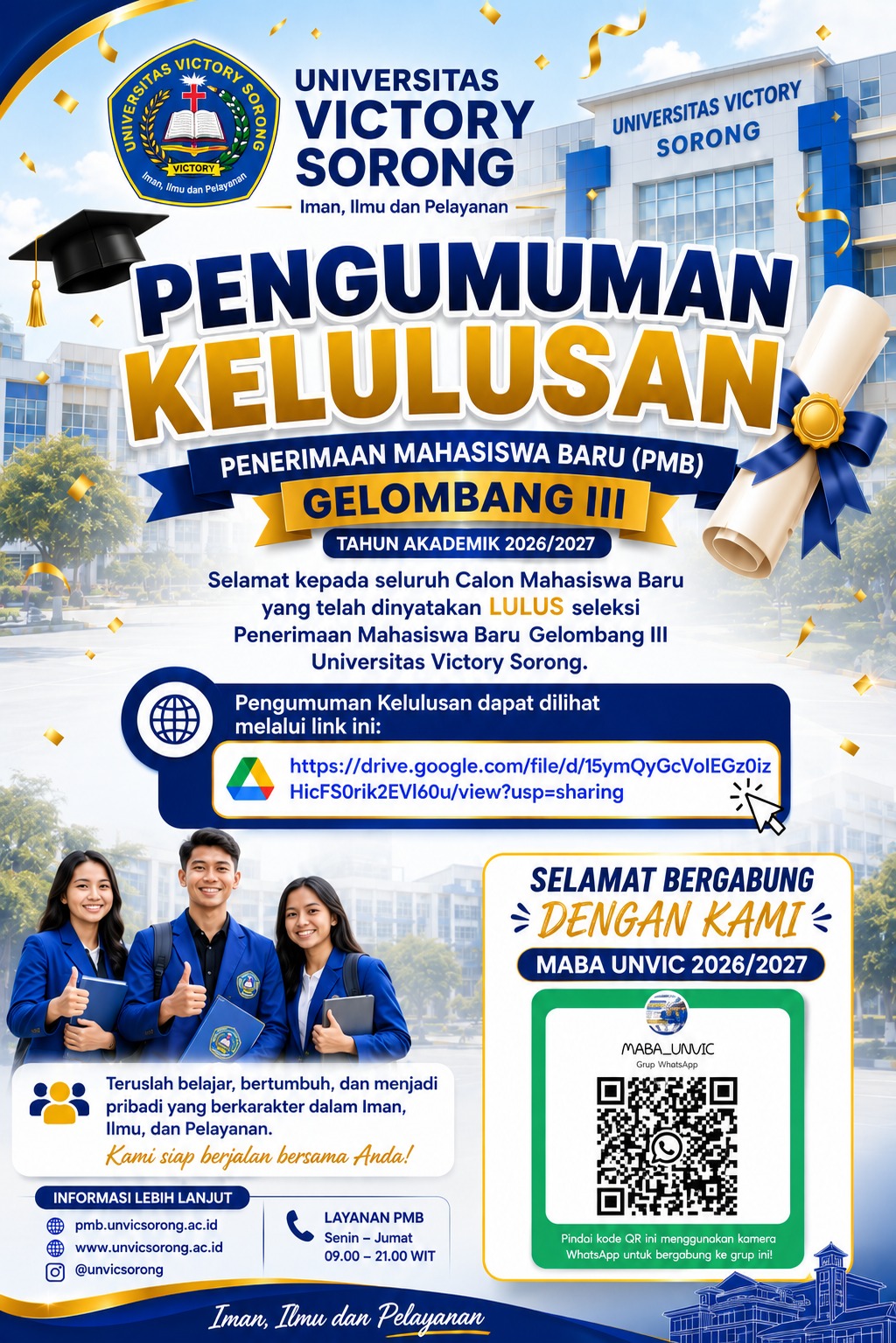 PENGUMUMAN HASIL PENERIMAAN MAHASISWA BARU UNIVERSITAS VICTORY SORONG GELOMBANG 3 – TAHUN AKADEMIK 2026/2027