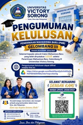 PENGUMUMAN HASIL PENERIMAAN MAHASISWA BARU UNIVERSITAS VICTORY SORONG GELOMBANG 3 – TAHUN AKADEMIK 2026/2027